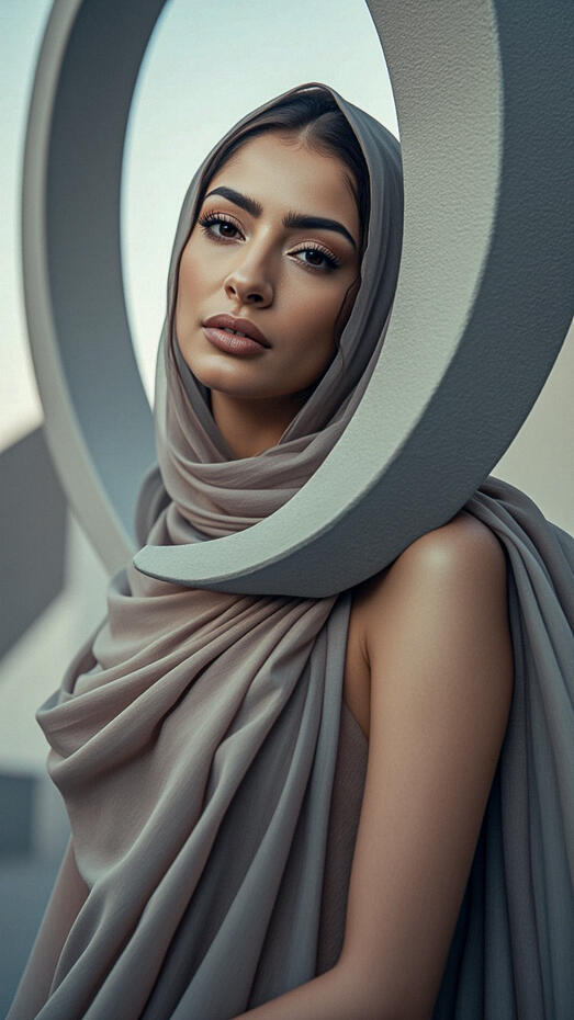 Baseerat Al-Rumayyan in a sculptural beige draped hijab, framed by a circular architectural element, exuding quiet strength and serene elegance in a minimalist outdoor portrait.