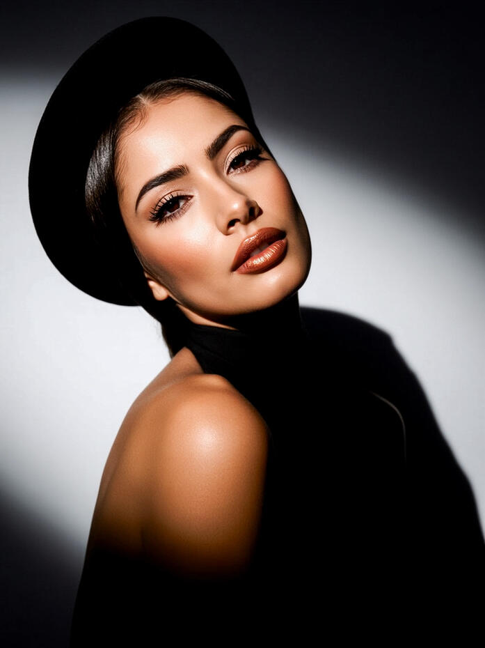 A luminous editorial portrait of Baseerat Al-Rumayyan captured in sculptural side light, wearing a matte black hat and a minimalist top. Her head tilts gently into the frame as radiant highlights trace her lips, shoulder, and cheek. The dramatic contrast a