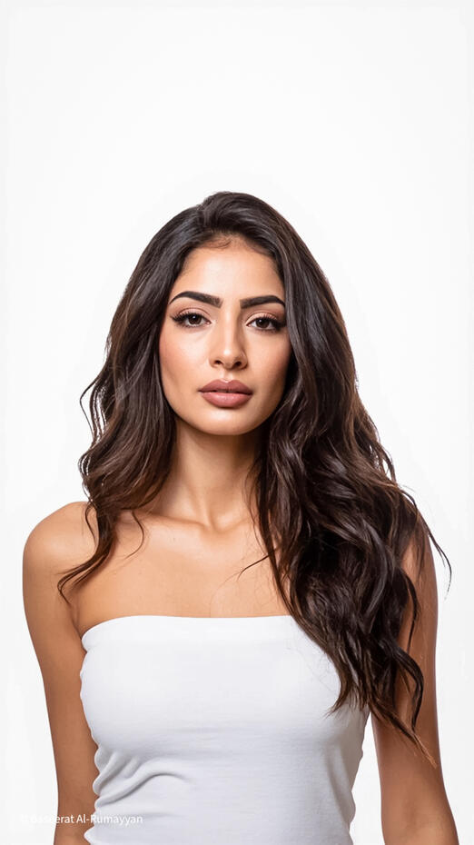 Baseerat Al-Rumayyan posing in a minimalist studio setting, wearing a white strapless top, with long wavy dark hair and soft glam makeup, exuding natural beauty and confidence.
