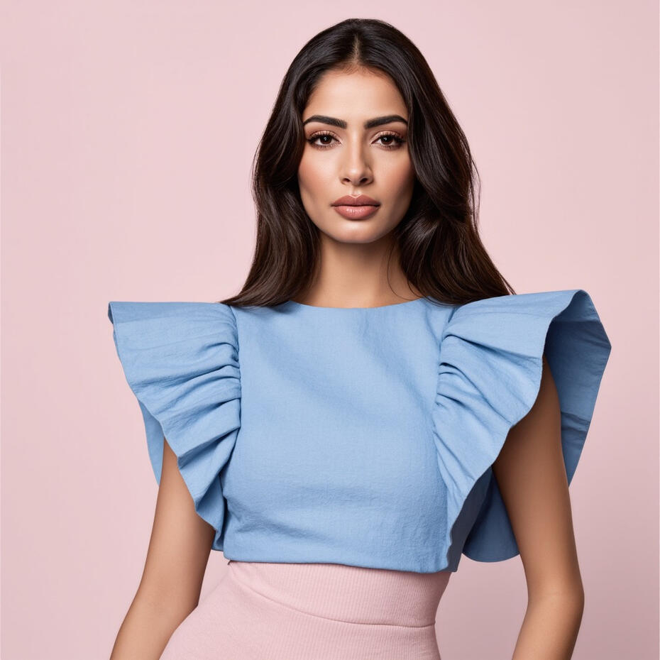 Baseerat Al-Rumayyan in a sky-blue ruffled top and blush pink skirt, posing against a soft pastel backdrop in a minimalist fashion editorial portrait.
