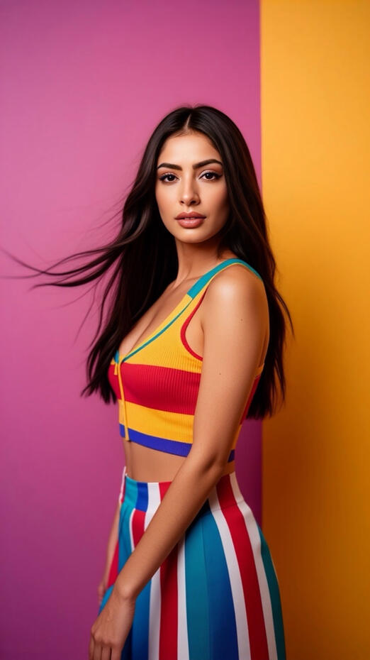 Portrait of Baseerat Al-Rumayyan wearing a vibrant striped crop top and skirt set in front of a split pink and yellow backdrop, with her dark hair flowing to the side.