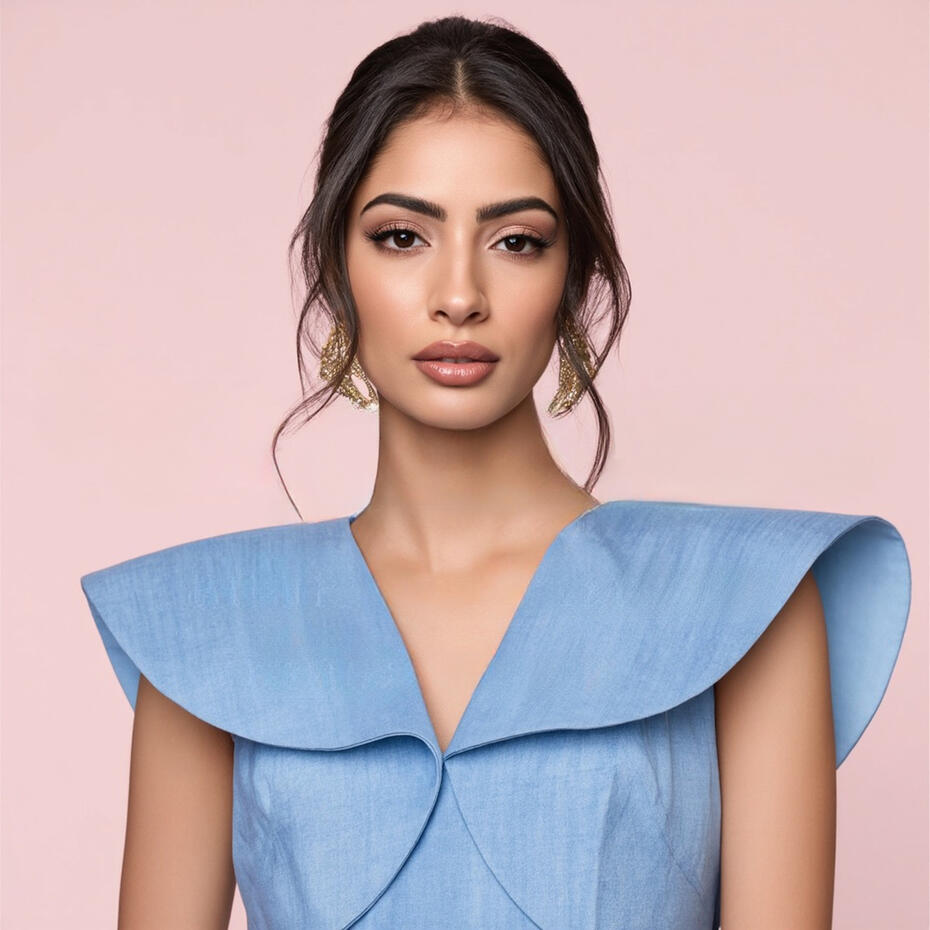 Baseerat Al-Rumayyan in a structured powder-blue dress with sculptural shoulders, wearing gold statement earrings and soft glam makeup, against a blush pink background.