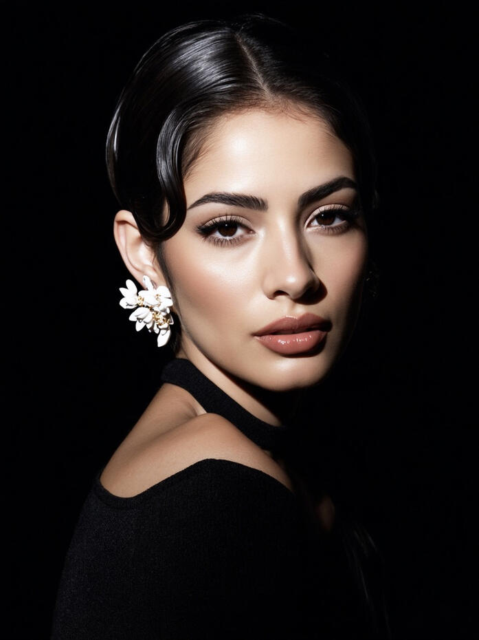 A luminous editorial beauty portrait of Baseerat Al-Rumayyan, styled with a floral white earring and deep side-parted hair. Shot against a blackout backdrop, the image captures her poised elegance and radiant skin tone under studio lighting, evoking timele