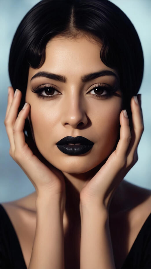 This editorial beauty portrait captures a striking juxtaposition of softness and intensity. Framed by delicately posed hands, the model’s flawless skin and bold black lipstick evoke a sense of high-fashion drama. Her vintage-inspired hair and sculpted gaze