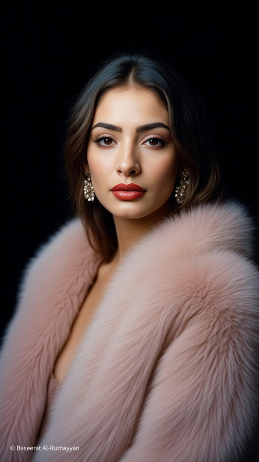 Baseerat Al-Rumayyan wearing a blush pink faux fur coat and rhinestone drop earrings, gazing confidently with red lips against a dramatic black background.