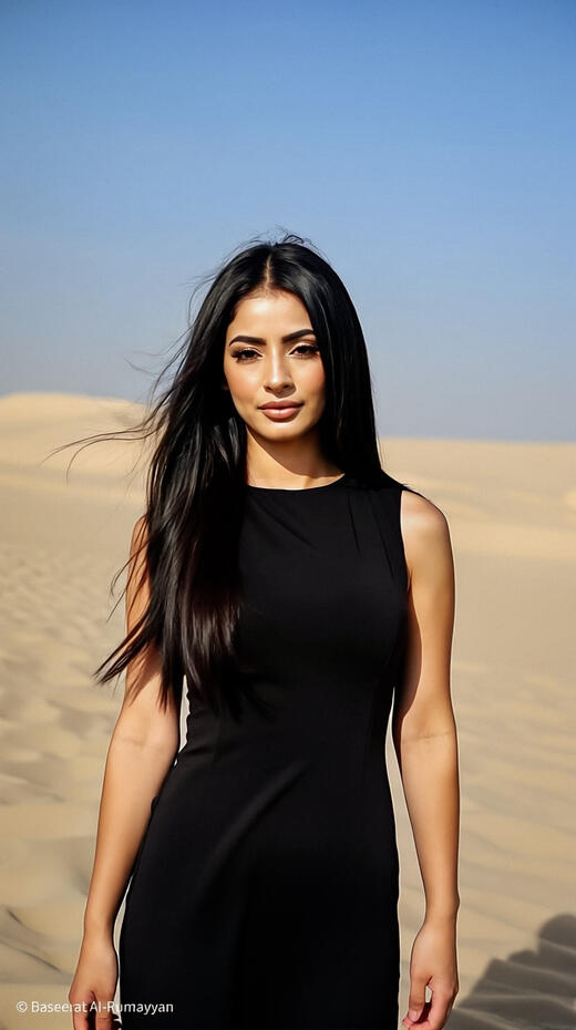 Fashion model Baseerat Al-Rumayyan wearing a sleeveless black dress, walking confidently through sunlit sand dunes with clear blue skies in the background.