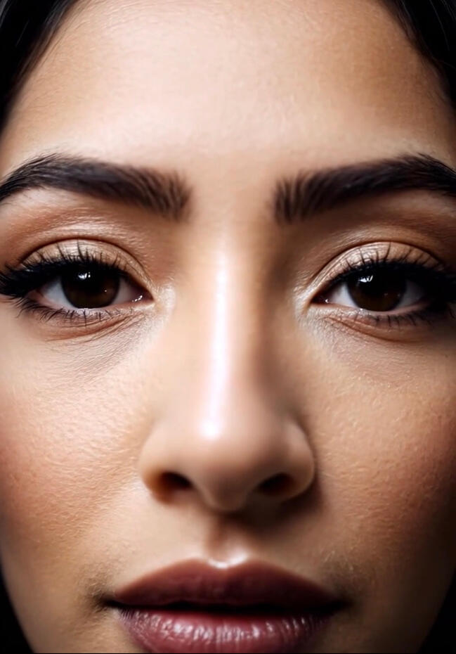 Baseerat Al-Rumayyan in a black textured coat, seated against a dark backdrop with hand resting on face, wearing a short modern bob haircut with fringe—studio lighting highlighting her luminous makeup and confident expression.