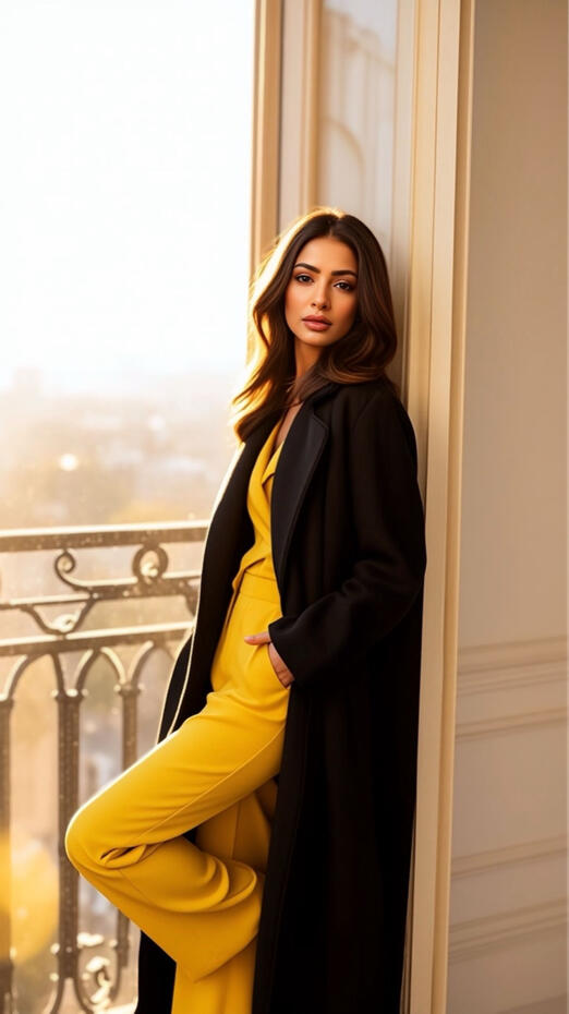 Baseerat Al-Rumayyan standing confidently on a Parisian balcony at golden hour, wearing a bold yellow pantsuit layered with a long black coat, bathed in soft sunset light, portraying modern elegance and luxury fashion.