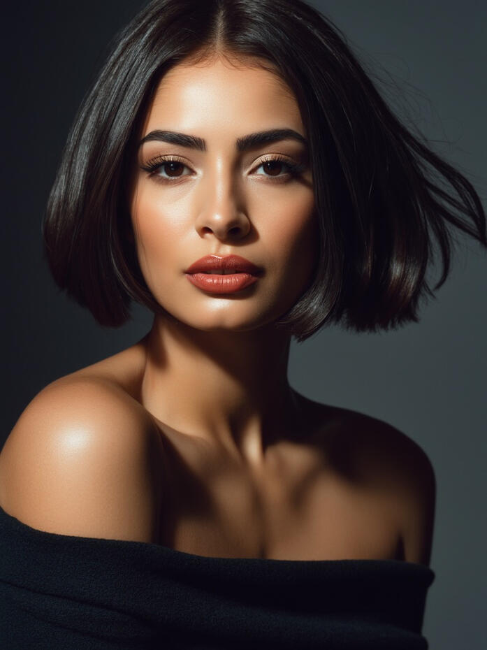 Elegant high-fashion portrait of Baseerat Al-Rumayyan with a softly illuminated face and shoulder, wearing an off-shoulder black wrap and a sleek bob haircut. She gazes directly into the camera with poise and confidence, against a softly lit neutral backgr