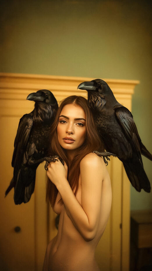 An ethereal portrait of Baseerat Al-Rumayyan captured in a moment of poetic stillness, framed by two majestic ravens perched on her shoulders. This high-art image blends softness and strength, symbolizing intuition, mystery, and transformation. Styled in g