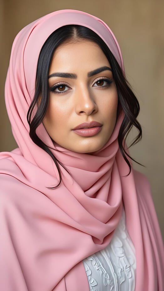 A close-up portrait of Baseerat Al-Rumayyan wearing a blush pink hijab and a white textured top, with softly styled waves framing her face, photographed in natural light against a neutral background.