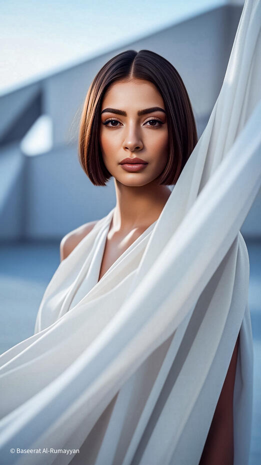 A poised woman with sleek bob-length hair stands against a modern architectural backdrop, dressed in flowing white fabric. Her calm, confident expression and minimalist styling evoke strength, clarity, and futuristic elegance.