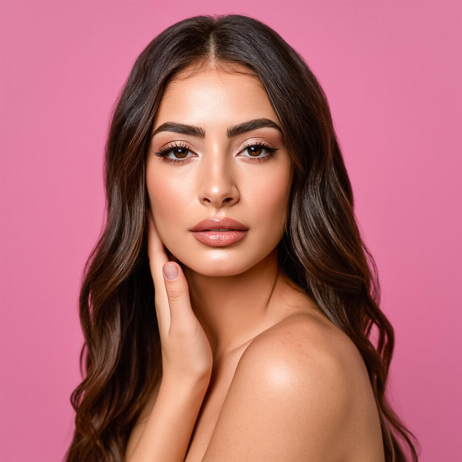 Baseerat Al-Rumayyan in a soft glam beauty portrait against a vibrant pink background, showcasing glowing skin, nude lip gloss, and voluminous brunette waves.
