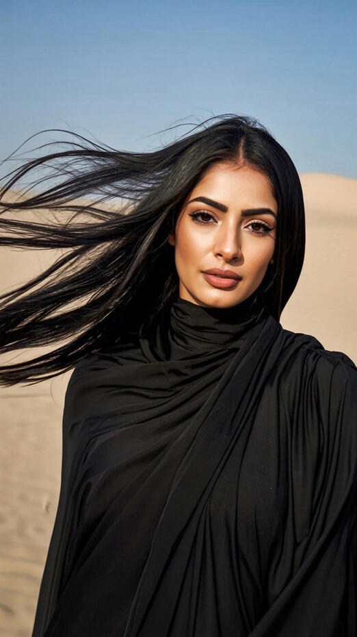 Baseerat Al-Rumayyan wearing a black flowing draped garment in the desert with wind blowing through her hair, gazing into the camera with soft glam makeup and natural sand dunes behind her.