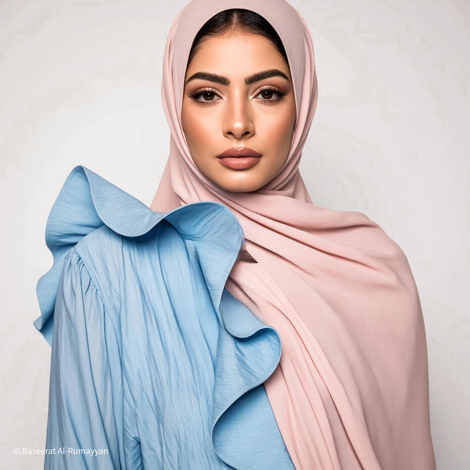 A poised woman in a soft pink hijab and ruffled sky-blue blouse poses confidently against a neutral backdrop, showcasing refined elegance and modern modest fashion.