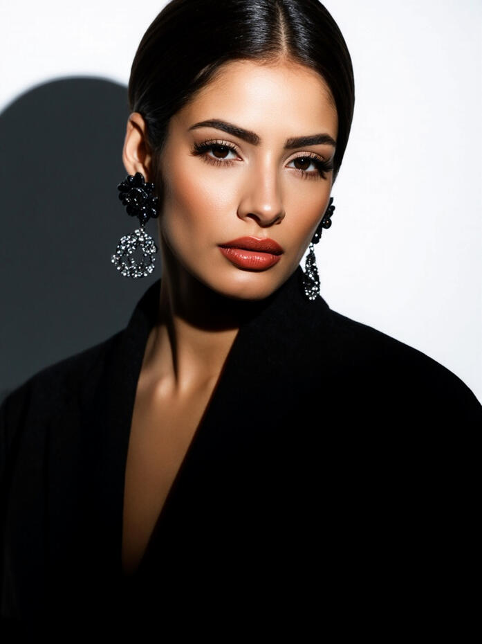 Striking beauty portrait of Baseerat Al-Rumayyan in dramatic lighting, featuring bold earrings, sleek hair, and flawless makeup, exuding high-fashion elegance